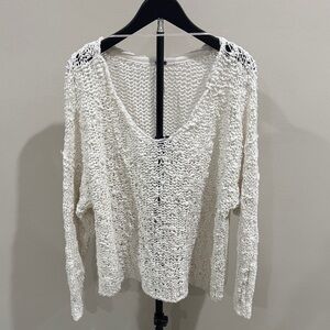 Free People Open Knit V-Neck Lightweight Sweater in Ivory
